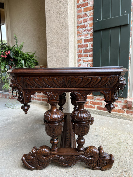 19th century French Carved Oak Dolphin Library Table Desk Renaissance Gothic