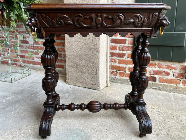 19th century French Carved Oak Dolphin Library Table Petite Desk Renaissance
