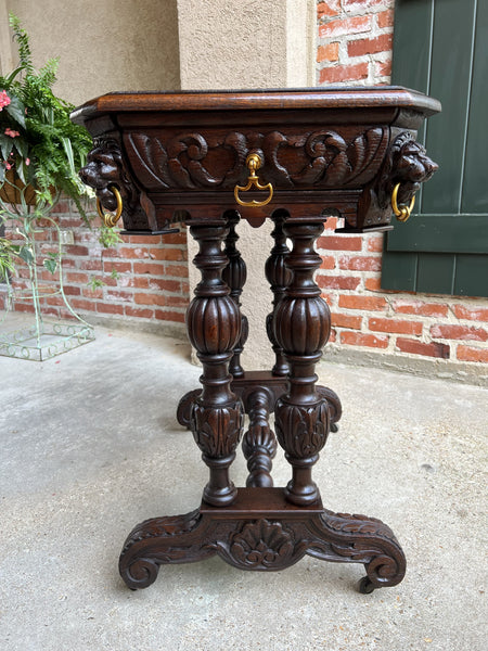 19th century French Carved Oak Dolphin Library Table Petite Desk Renaissance