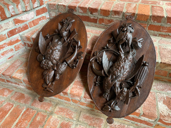 Pair 19th century Carved Black Forest Game Trophy Wall Plaque Swiss Pheasant Owl