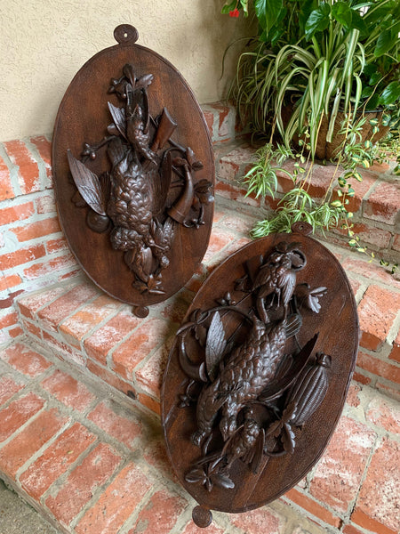 Pair 19th century Carved Black Forest Game Trophy Wall Plaque Swiss Pheasant Owl