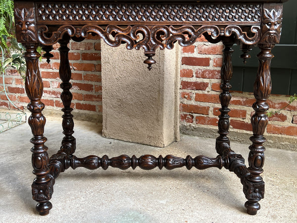 19th century French Breton Carved Oak Sofa Table Writing Library Desk Louis XIV