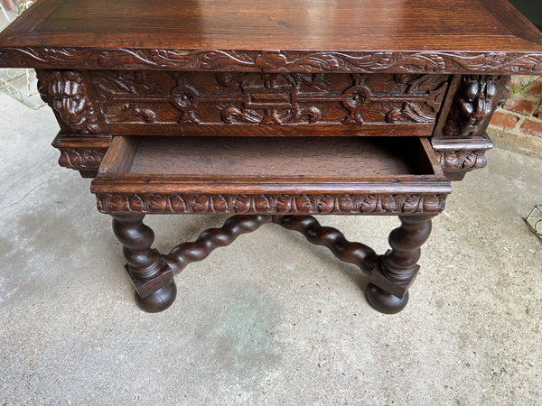 19th century Antique French Square Sofa Table Carved Oak Barley Twist Louis XIII