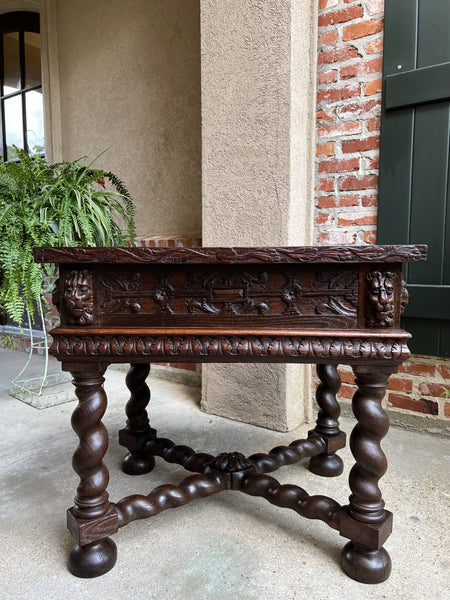 19th century Antique French Square Sofa Table Carved Oak Barley Twist Louis XIII